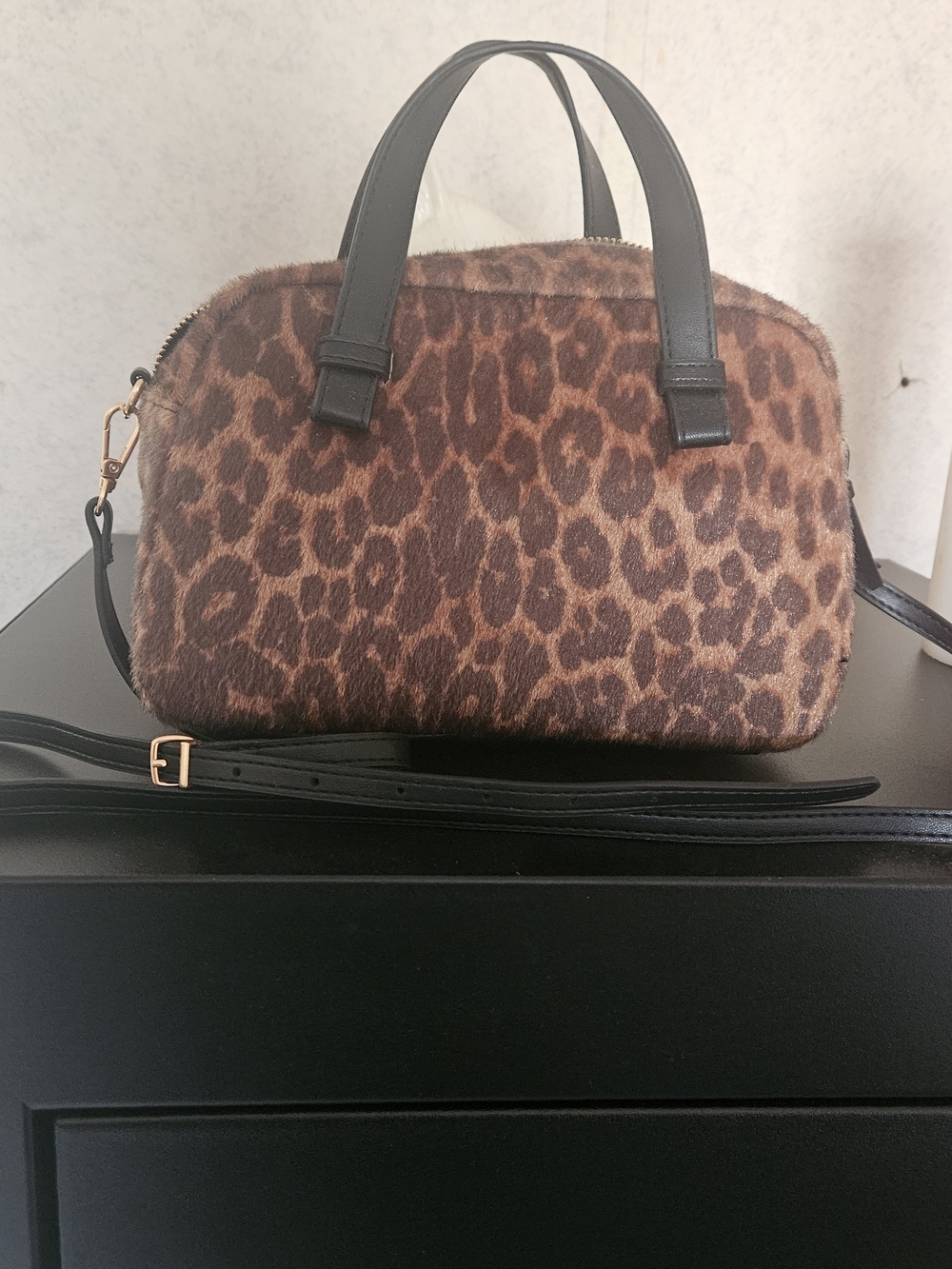 Leopard Print Faux Fur Dome Satchel - Brown